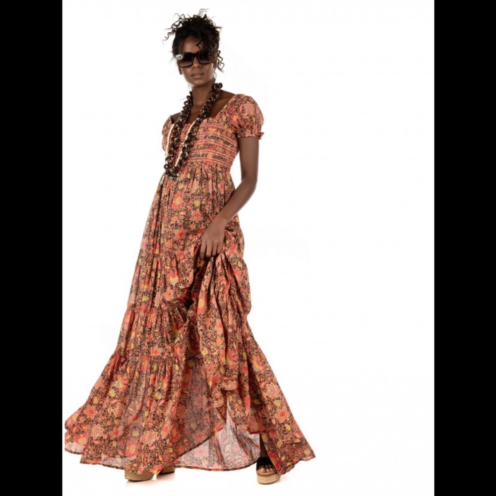FREE PEOPLE : Getaway Red Orange Floral Print Pleated Tiered Maxi Dress